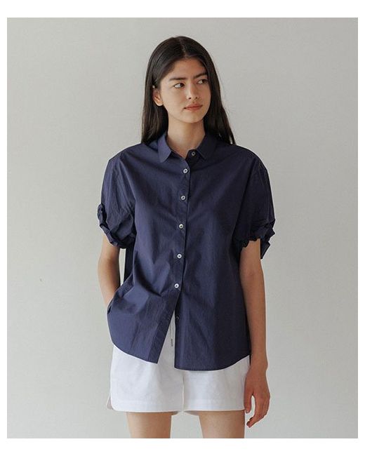 lingseoul cotton roll-up blouse-navy NAVY