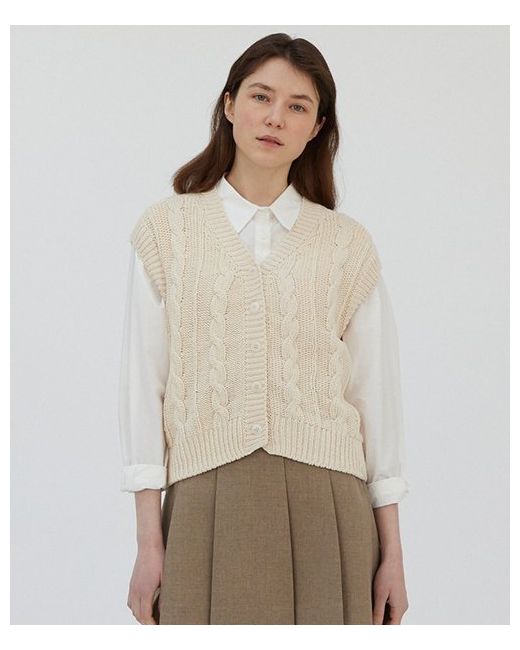 lingseoul cotton cable knit vest-cream IVORY