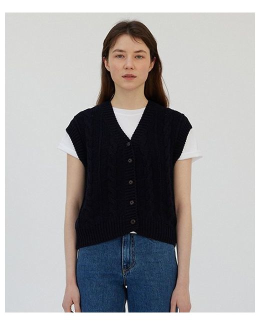 lingseoul cotton cable knit vest-navy NAVY