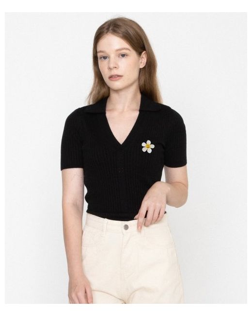 graver Flower Dot Embroidered Short Sleeve Knitted Polo Shirtblack