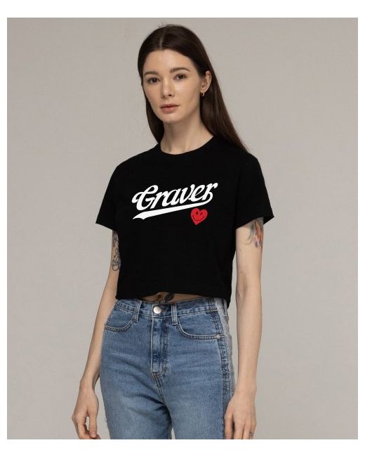 graver Baseball Logo Heart Smile Cropped Short Sleeve T-Shirtblack