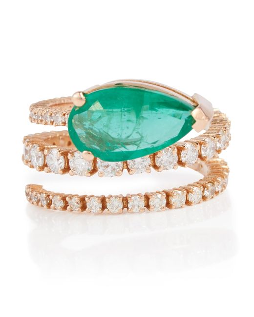 Shay Teardrop Spiral 18kt gold ring with white diamonds and emeralds