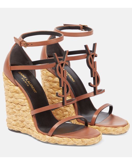 Saint Laurent YSL leather and raffia wedge sandals