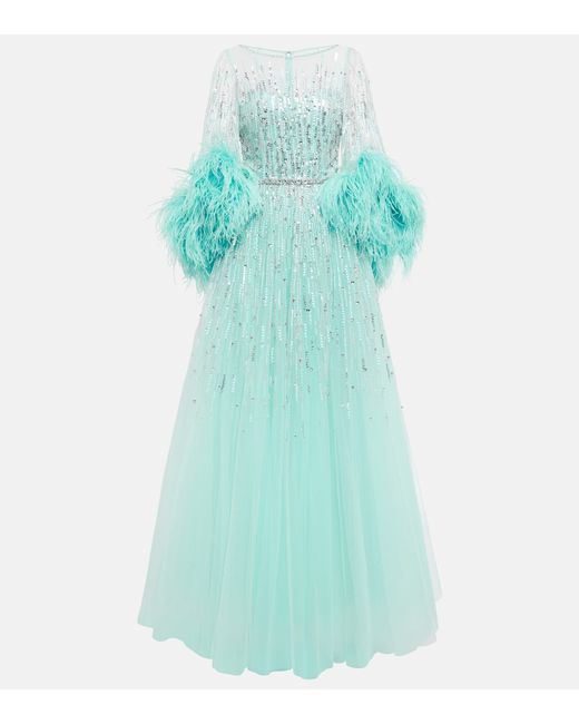 Jenny Packham Imani embellished faux-feather trimmed gown