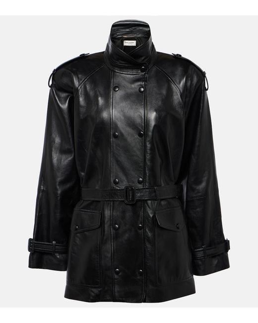 Saint Laurent High-neck belted leather jacket