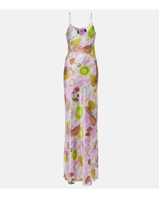 Rodarte Floral-appliqué printed silk slip dress