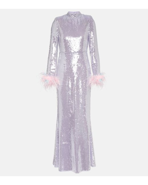 Self-Portrait Feather-trimmed sequined gown