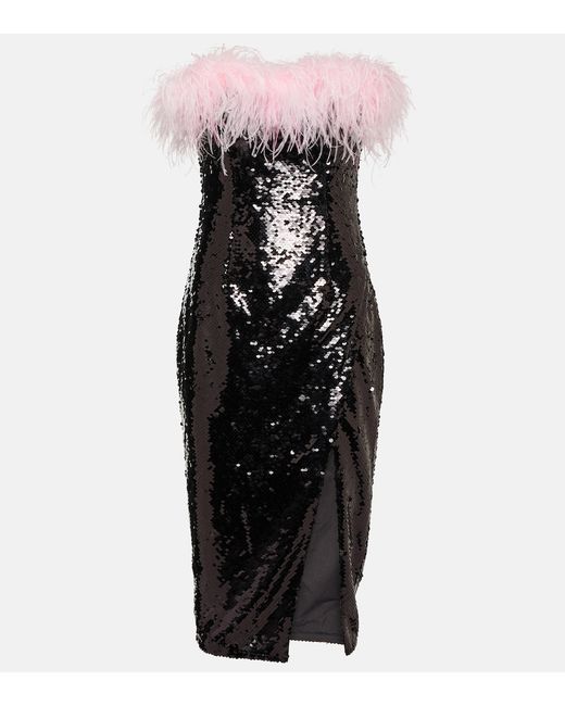 Self-Portrait Feather-trimmed sequined midi dress