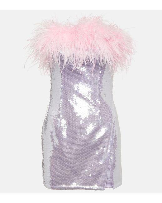 Self-Portrait Feather-trimmed sequined minidress