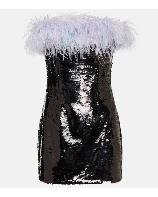 Self-Portrait Feather-trimmed sequined minidress