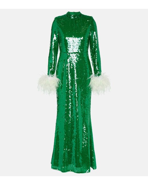 Self-Portrait Sequined feather-trimmed gown