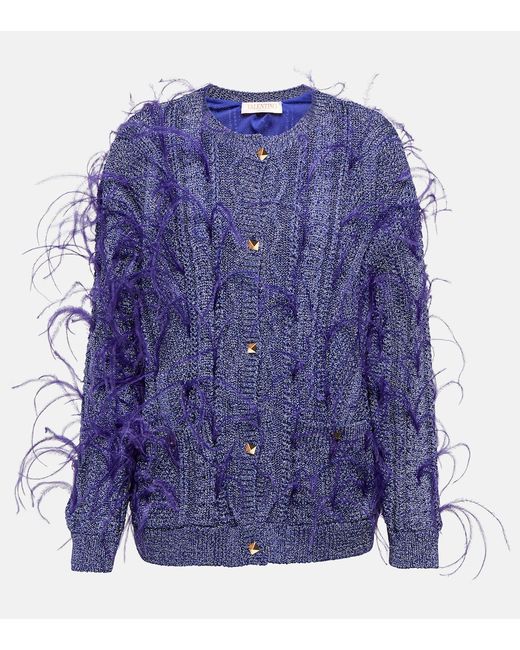 Valentino Feather-trimmed cable-knit cardigan