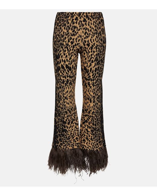 Valentino Feather-trimmed leopard-print flared pants