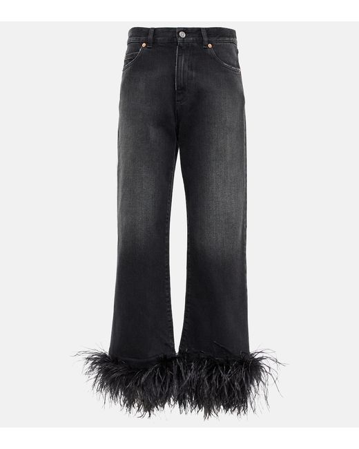 Valentino Feather-trimmed high-rise wide-leg jeans