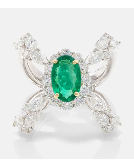 Yeprem Reign Supreme 18kt white gold ring with diamonds and emeralds