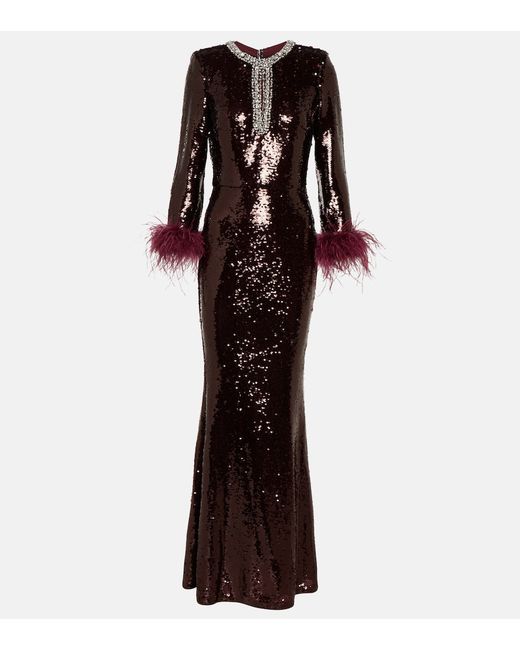 Self-Portrait Feather-trimmed sequined maxi dress