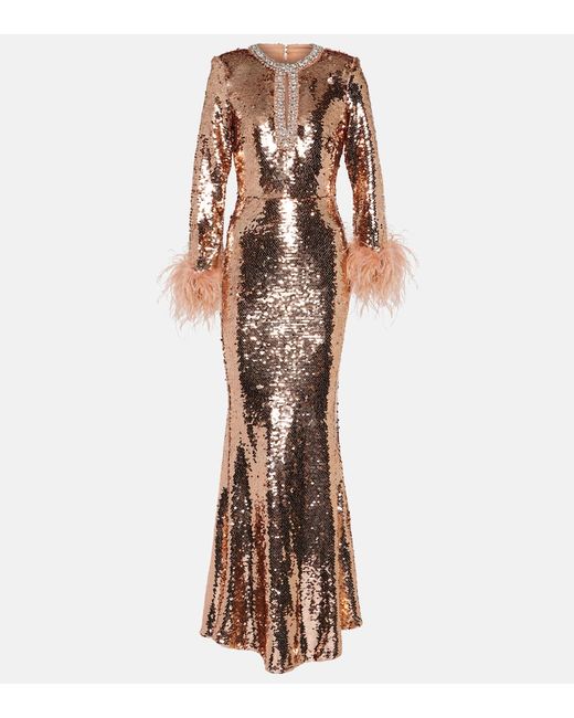 Self-Portrait Sequined feather-trimmed gown
