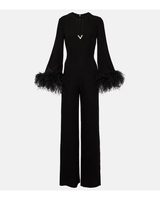 Valentino Feather-trimmed V-neck silk jumpsuit