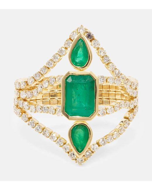 Shay Delicate Deco 18kt gold ring with emeralds and diamonds