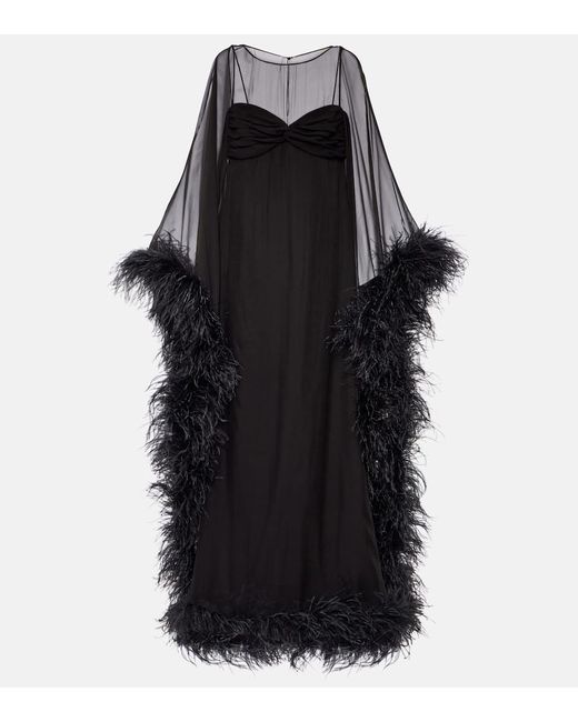 Valentino Caped feather-trimmed silk gown