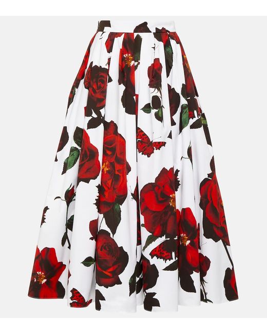 Alexander McQueen Pleated floral cotton midi skirt