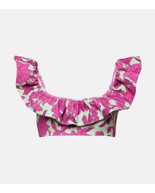 La Double J. Ruffled floral bikini top