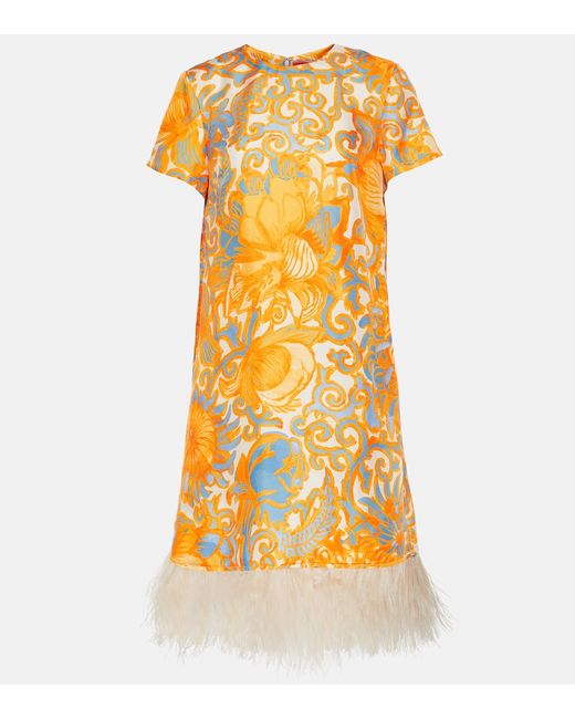 La Double J. Printed feather-trimmed silk minidress