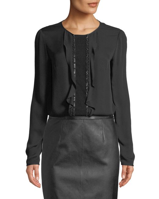St. John Collection Ruffle-Front Long-Sleeve Silk Georgette Blouse