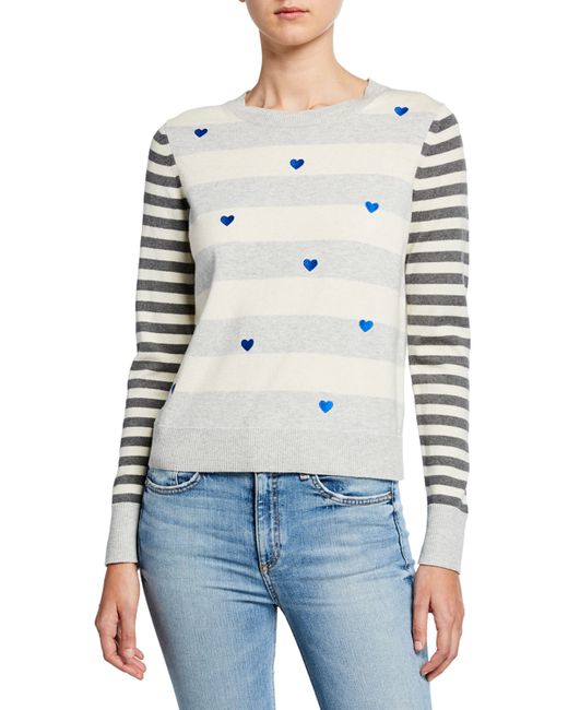 Lisa Todd Petite Skip A Beat Multi-Stripe Cotton/Cashmere Sweater w Embroidered Hearts