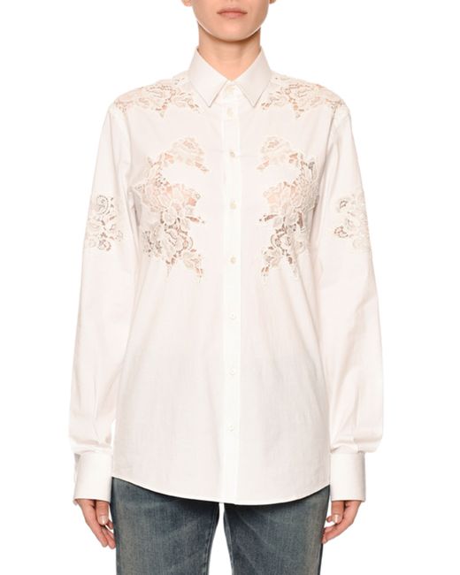 Dolce & Gabbana Long-Sleeve Button-Front Lace-Inset Poplin Blouse