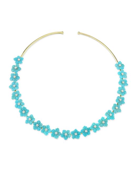 Cynthia Bach 18k Gold Turquoise Diamond Flower Choker Necklace
