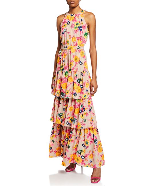 Msgm Floral-Print Halter Ruffle Maxi Dress