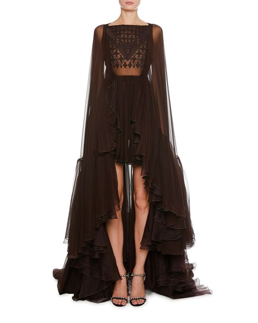 Giambattista Valli Mosaic-Embroidered Cape-Back High-Low Tulle Gown