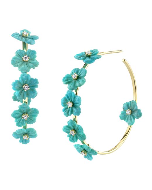 Cynthia Bach 18k Gold Turquoise Diamond Flower Hoop Earrings 1.5L