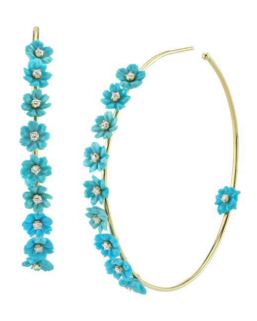 Cynthia Bach 18k Gold Turquoise Diamond Flower Hoop Earrings 2.5L