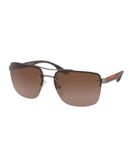 Prada Square Semi-Rimless Double-Bridge Metal Sunglasses
