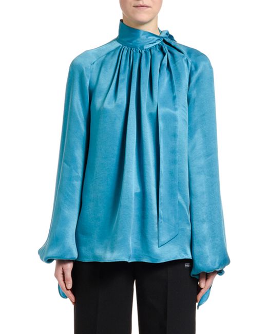 Off-White Flowing Satin Full-Sleeve Tie-Neck Blouse