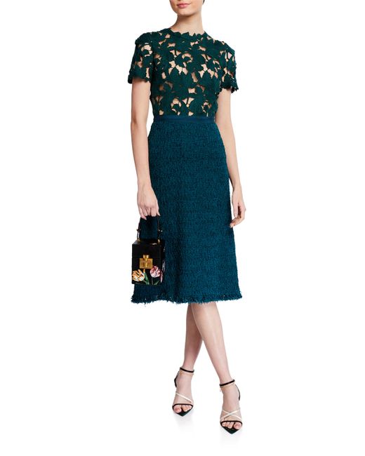 Oscar de la Renta Lace-Bodice Tweed Skirt Cocktail Dress