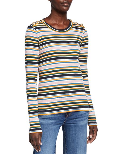 Veronica Beard Jeans Mayer Striped Long-Sleeve Top with Buttons