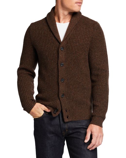 Neiman Marcus Chunky Melange Cashmere Shawl-Collar Cardigan Sweater