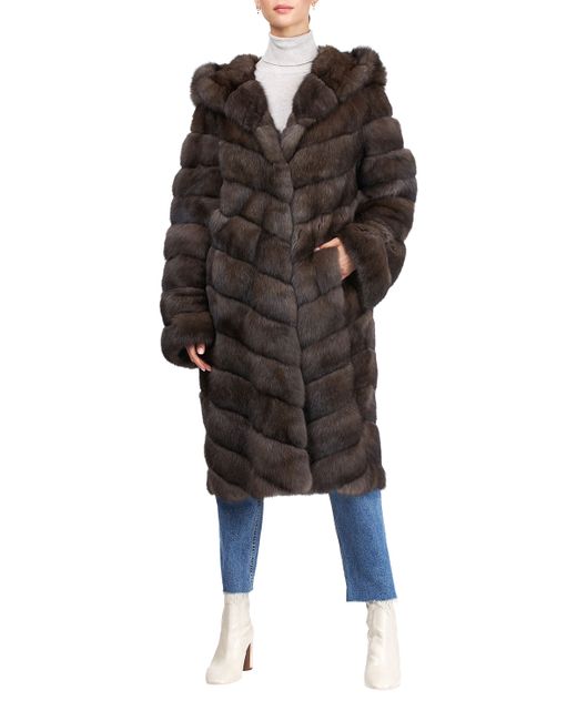 Gorski Chevron Russian Sable Hooded Coat with Zip-Off Sleeves