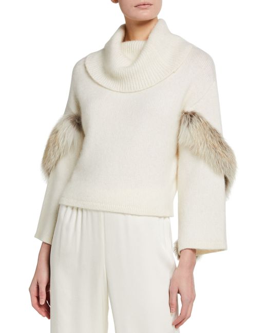 Lapointe Airy Cashmere Cowl-Neck Sweater w Fox Fur Trim