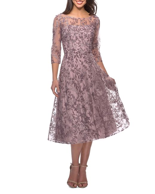 La Femme Floral Lace Illusion 3/-Sleeve Tea-Length Dress