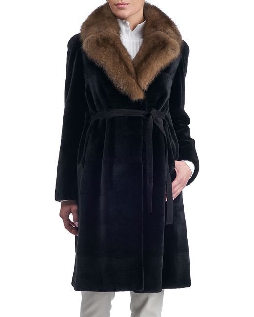 Gorski Belted Sheared Horizontal Mink Coat with Russian Sable Collar