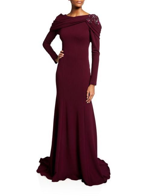 Pamella Roland Draped Stretch-Crepe Gown w Crystal Embroidery