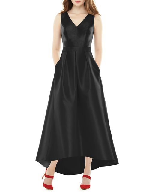 Alfred Sung V-Neck Sleeveless High-Low Sateen Twill Gown