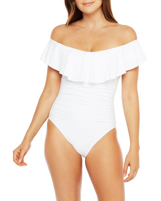 La Blanca Off-Shoulder Ruffle Lace-Up One-Piece Swimsuit