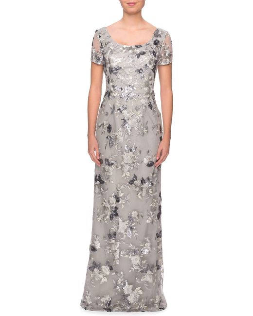 La Femme Scoop-Neck Embellished Floral Lace Gown
