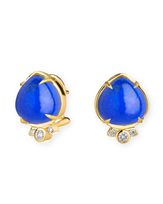 Syna 18k Small Lapis Lazuli Mogul Heart Cabochon Omega Back Earrings with Diamonds