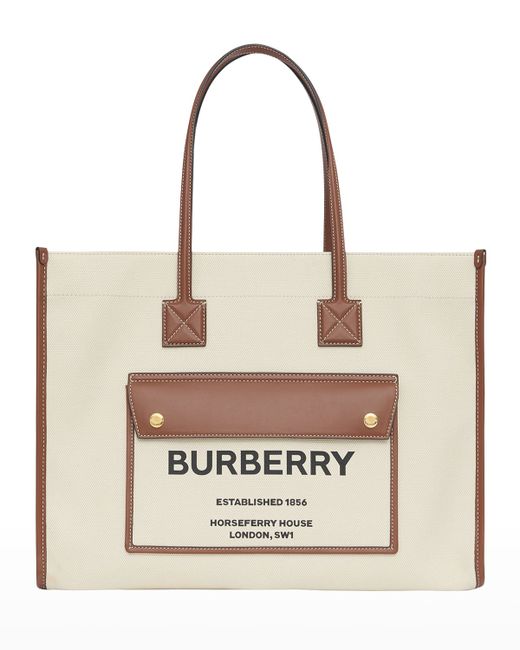 Burberry Smooth Leather Canvas Pocket East-West Tote Bag